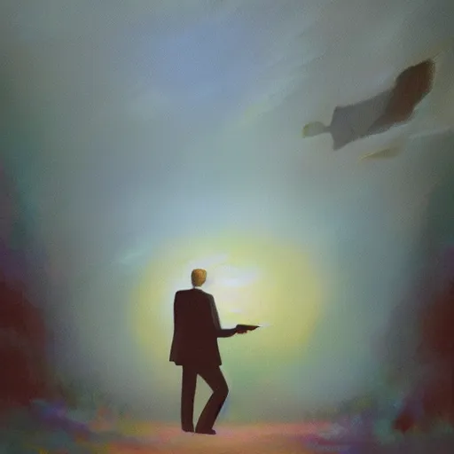 Prompt: a hazy painting of a Jehova’s Witness spreading the word