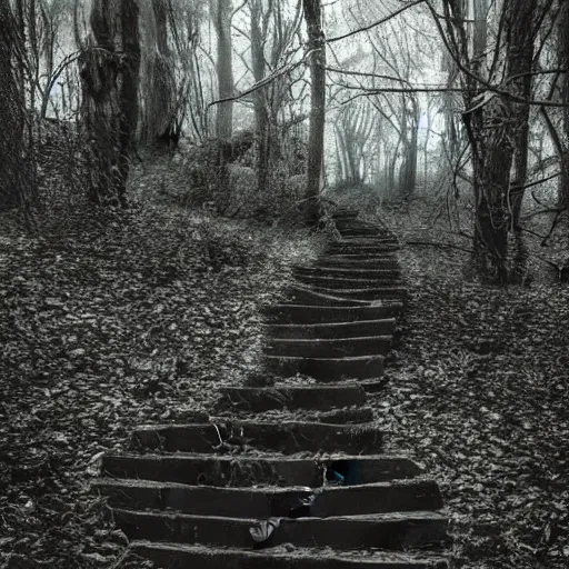 Prompt: creepy spiral stairway in middle of forest, spiral stairs leading to nowhere!, dark foggy misty colors!, dark forest from evil realm