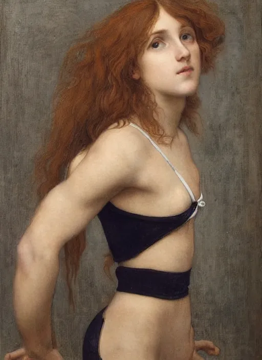 Image similar to Pre-Raphaelite young beautiful with blond-hair in a gym wearing sportswear