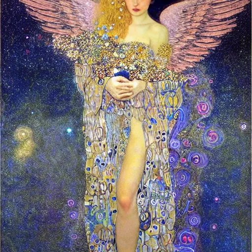 Image similar to dreamy angel, in the cosmos, 🌫🌌 intricate long shelve robes, intricate detail, klimt, royo,