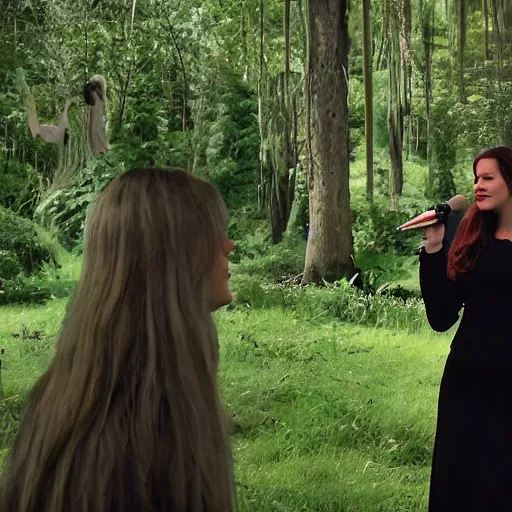 Image similar to stunning live footage of news anchorwoman liv tyler reporting from lothlorien interviewing arwen, lord of the rings movie, by daniella zalcman, directed by peter jackson, highly detailed, canon eos r 3, f / 1. 4, iso 2 0 0, 1 / 1 6 0 s, 8 k, raw, symmetrical balance