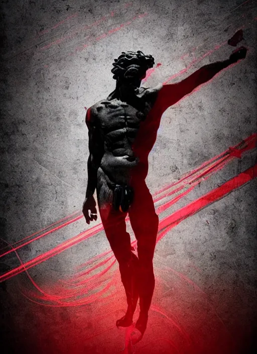 Image similar to dark design poster showing a heroic greco roman statue, black background with very subtle red and purple design elements, powerful, nekro, vito acconci, thin straight lines, dark, glitch art, neo vaporwave, gritty, layout frame, square, trending on artstation