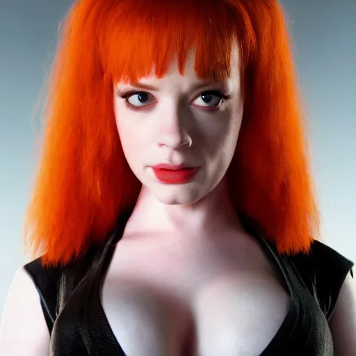 Image similar to a young Christina Hendricks dressed like lilu from the fifth element. Full frontal photography, bare, highly detailed, film still, looking at camera, symmetrical, Zeiss Lens, Octane Render, 8k resolution redshift