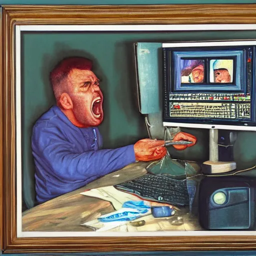 Image similar to an angry man screams at his computer monitor, oil on canvas, 1 9 6 7, highly detailed