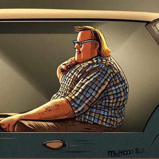 Image similar to Intricate detailed illustration, Matt Foley living in a van down by the river, cinematic lighting, by Philip Hood, wide angle, volumetric light scattering, 8k, artstation, concept art,