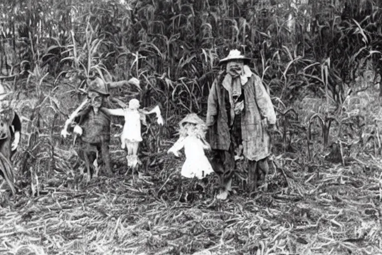 Image similar to disturbing scarecrow from the early 1 9 0 0's leading children into the burning cornfields