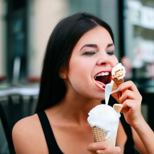 Prompt: Woman eating ice cream using a fork