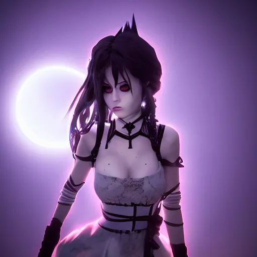 Prompt: full shot portrait of angry darkness Clara Morgane as a cute anime girl at moonlight, gothic wearing, darkness background, inspired by Tim Burton, Norihiro Yagi, Marc Simonetti, Amano, Juri Misaki, detailed, unreal engine 4k volumetric light, fog,