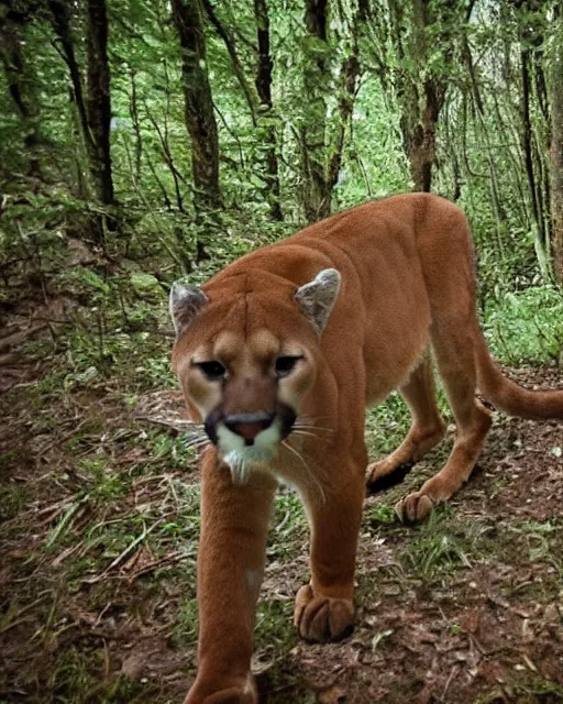 Image similar to cougar in forest at night, night vision goggles, shot from drone, grainy