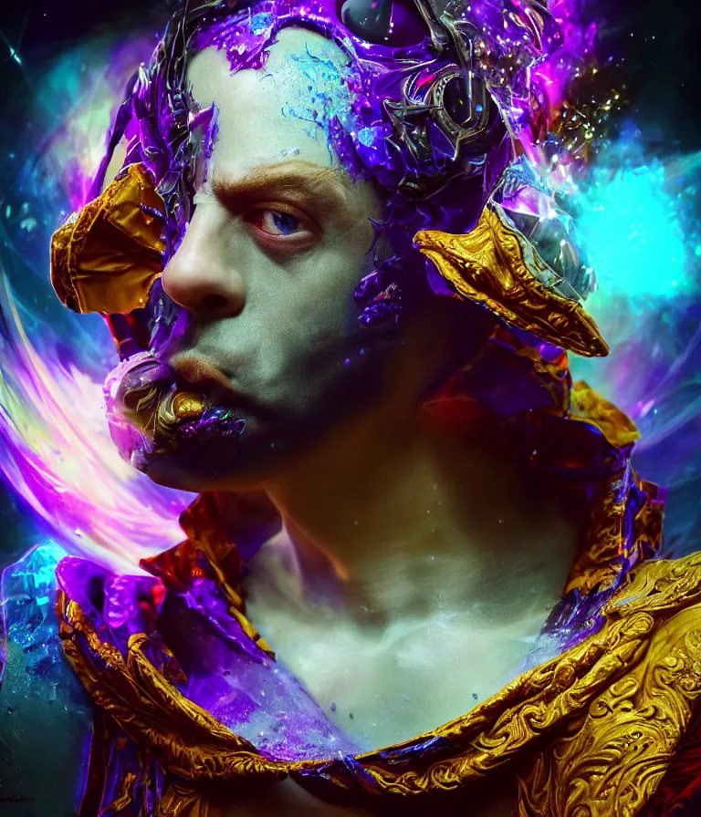 Image similar to impressive entrancing front!! shot photo of a court jester character fine portrait fine portrait mesmerizing caustics hyper cubes platinum cracked dark future hyper dimensional space galactic crystal nebula edges elegant detailed intricate concept artstation sharp focus ray tracing cinematic masterpiece temporal corruption beeple wlop germ 8 4 k scifi glossy hyper realistic illustration canon eos r 3 fujifilm x - t 3 0 sony alpha