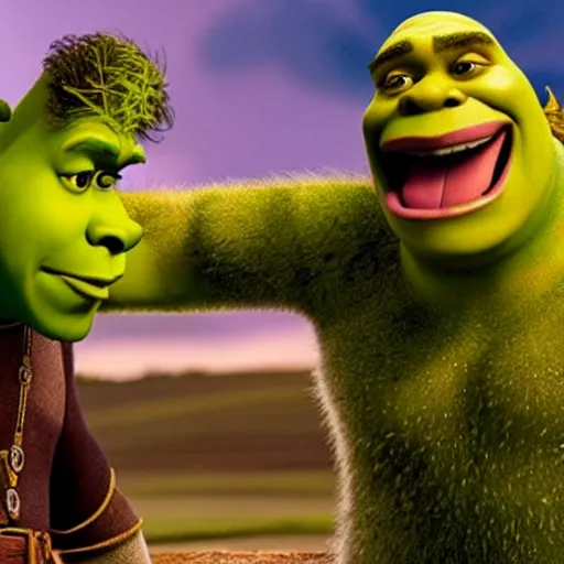 Prompt: shrek with will smith together