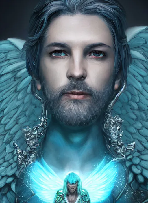 Image similar to An epic fantastic realism comic book style portrait painting of an aasimar hexblade warlock, male, grand angel wings, teal energy, silver hair, short beard, embers flickering, D&D Concept Art, unreal 5, DAZ, hyperrealistic, octane render, cosplay, RPG portrait, dynamic lighting