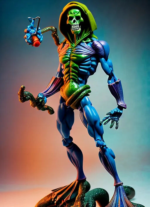 Image similar to hyperrealistic rendering, skeletor by bernie wrightson and killian eng and joe fenton, product photography, action figure, sofubi, studio lighting, colored gels