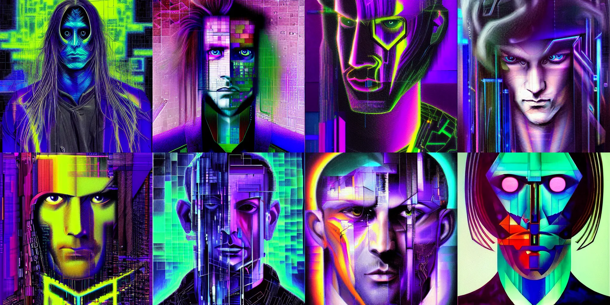 Prompt: hyperrealistic portrait of a cyberpunk man, long hair, by Johannes Itten, Derek Gores, Gerald Brom, shadowed face, mysterious, glowing eyes, glitch art, fine detail, polished, computation, complex, hacking effects, holographic, digital tech effects, blue and violet, color blocking!, realistic, acrylic on canvas, concept art, abstract, symmetrical, 8k, concept art, octane, photorealistic, cgsociety, trending on artstation