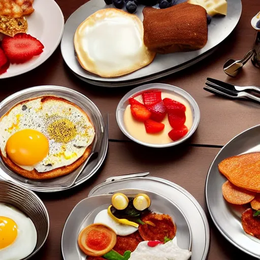 Prompt: American breakfast made of metal, breakfast food, dining table, metallic, food made of metal