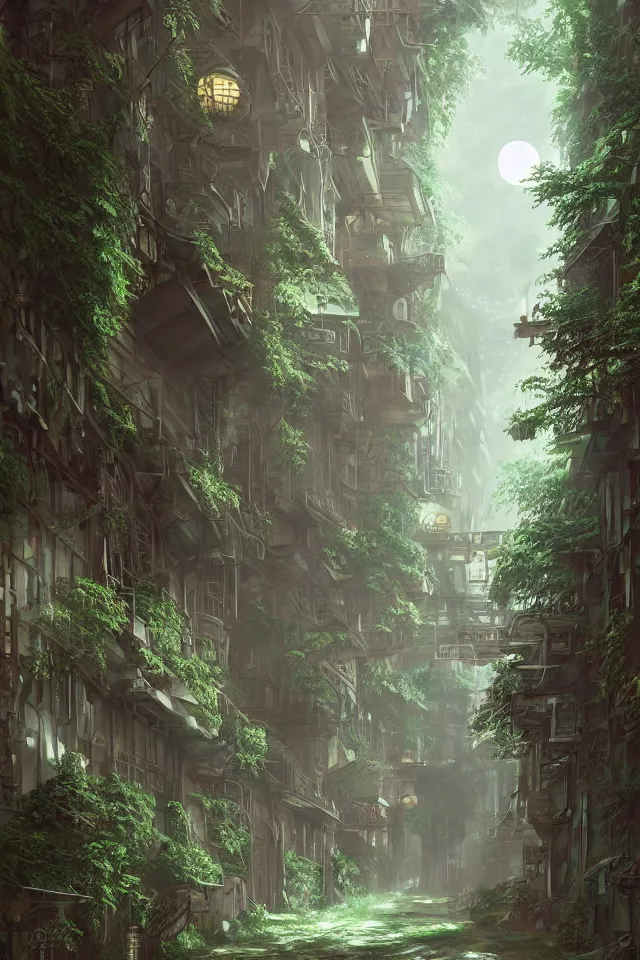 Image similar to Architectural section, movie concept art, steampunk style, Miyazaki tekkonkintreet Teikoku Shounen style, amazing + fantasy Traditional Japanese alley lane on full moon, lush vegetation and ferns, sun rays, octane render, trending on artstation, hyper detailed, cinematic