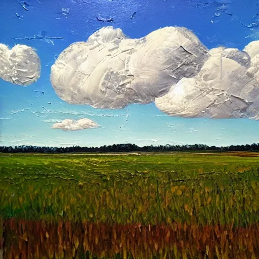 Prompt: oil paint impasto reliefs summer fields, super realistic, influenced by constables cloud studies, painted with expressive paint and cumulus clouds,