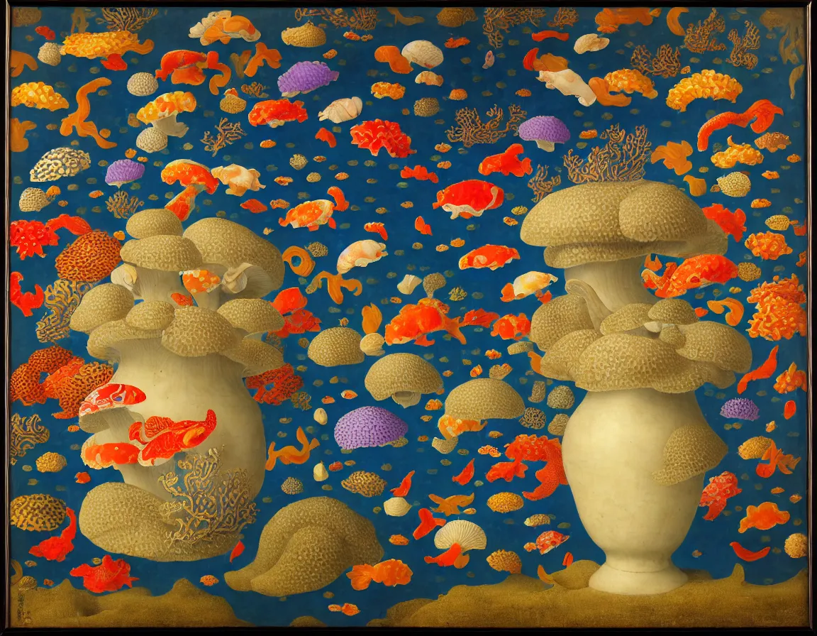 Prompt: vase of mushroom in the sky and under the sea decorated with a dense field of stylized scrolls that have opaque purple outlines, with koi fishes and sponges, ambrosius benson, oil on canvas, hyperrealism, light color, no hard shadow, around the edges there are no objects