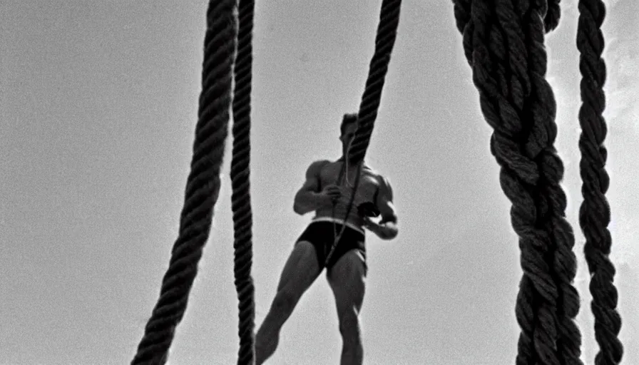Prompt: 1 9 6 0 s movie still close - up of marcus atilius regulus tied with ropes at pole in direction of the burning sun with blood flowing down his eyes cinestill 8 0 0 t 3 5 mm b & w, high quality, heavy grain, high detail, texture, dramatic light, anamorphic, hyperrealistic, detailed hair