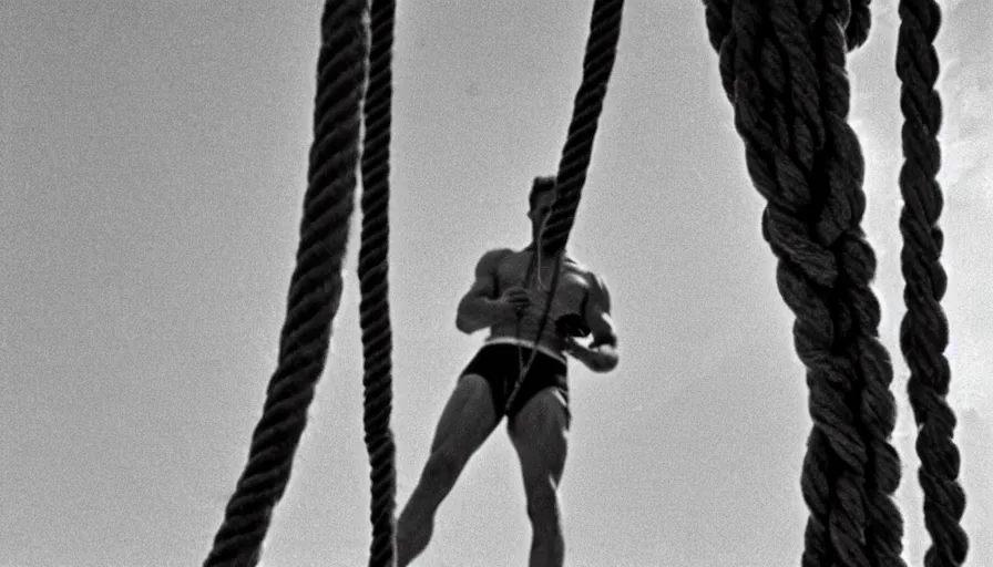 Image similar to 1 9 6 0 s movie still close - up of marcus atilius regulus tied with ropes at pole in direction of the burning sun with blood flowing down his eyes cinestill 8 0 0 t 3 5 mm b & w, high quality, heavy grain, high detail, texture, dramatic light, anamorphic, hyperrealistic, detailed hair