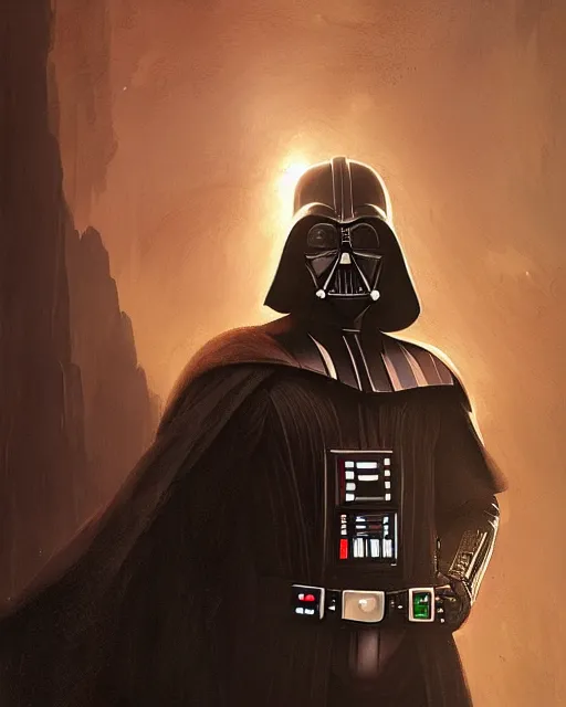 Image similar to Darth vader, fantasy, illustrated by Greg Rutkowski and Caspar David Friedrich, high detail, god rays, Trending on artstation, artstationHD, artstationHQ