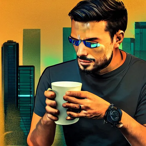 Image similar to portrait of a handsome startup CEO having a cup of coffee. cyberpunk style, digital art