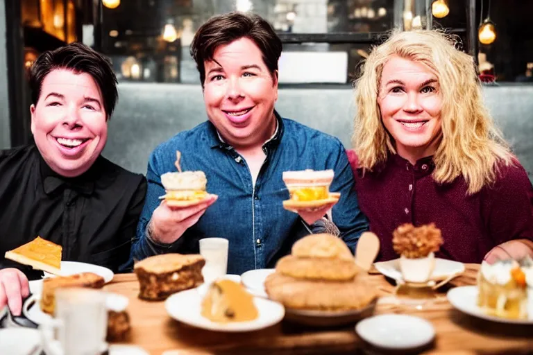 Prompt: portait of michael mcintyre and middle aged blonde woman with short hair and a blonde woman with long hair having dessert at sunday in brooklyn restaurant