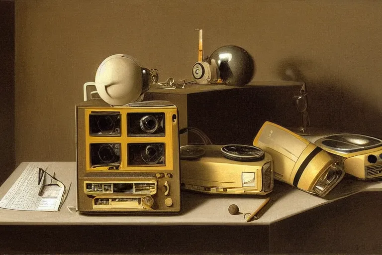 Image similar to still life painting of vintage computers by pieter claesz, oil on canvas, strong lighting, highly detailed, hyper realism, golden hour, god rays, hd, 4 k