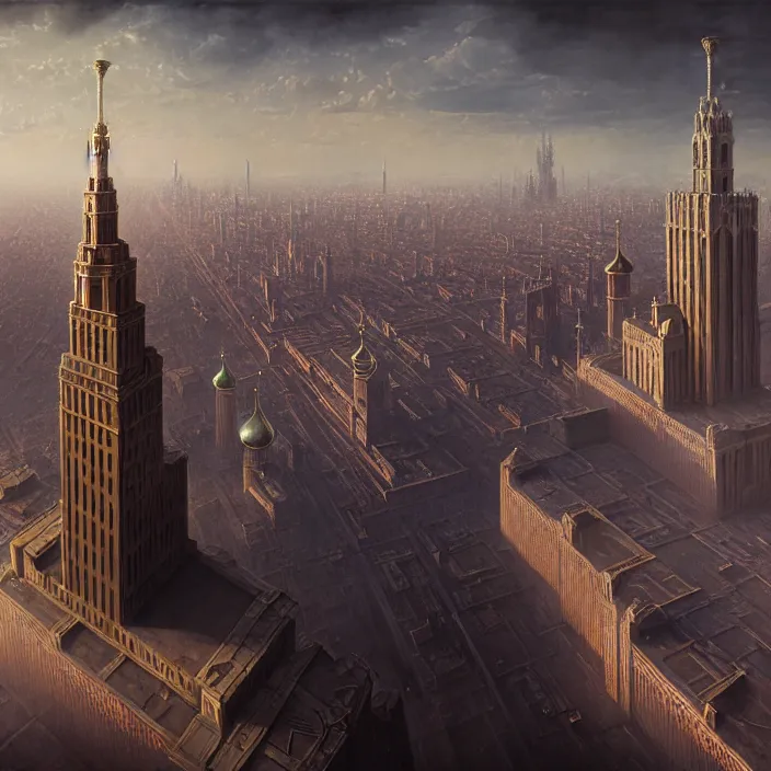 Prompt: matte painting by marc simonetti, jonathan solter, greg rutkowski of a moscow state university building, masterpiece, cinematic, hyperdetailed, photorealistic, hyperrealism, architecture, aerial view,