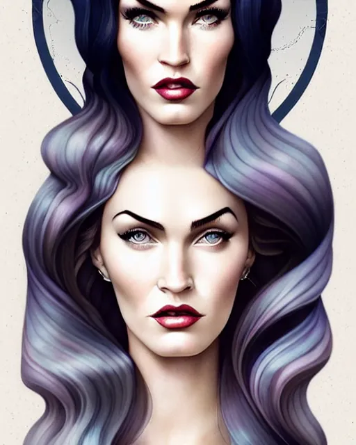 Prompt: an art nouveau, ( streamline moderne ) portrait of megan fox in the style of anna dittmann and charlie bowater and loish. long windblown hair, very large, clear, expressive, and intelligent eyes. symmetrical, centered, ultrasharp focus, dramatic lighting, photorealistic digital matte painting, intricate ultra detailed background.