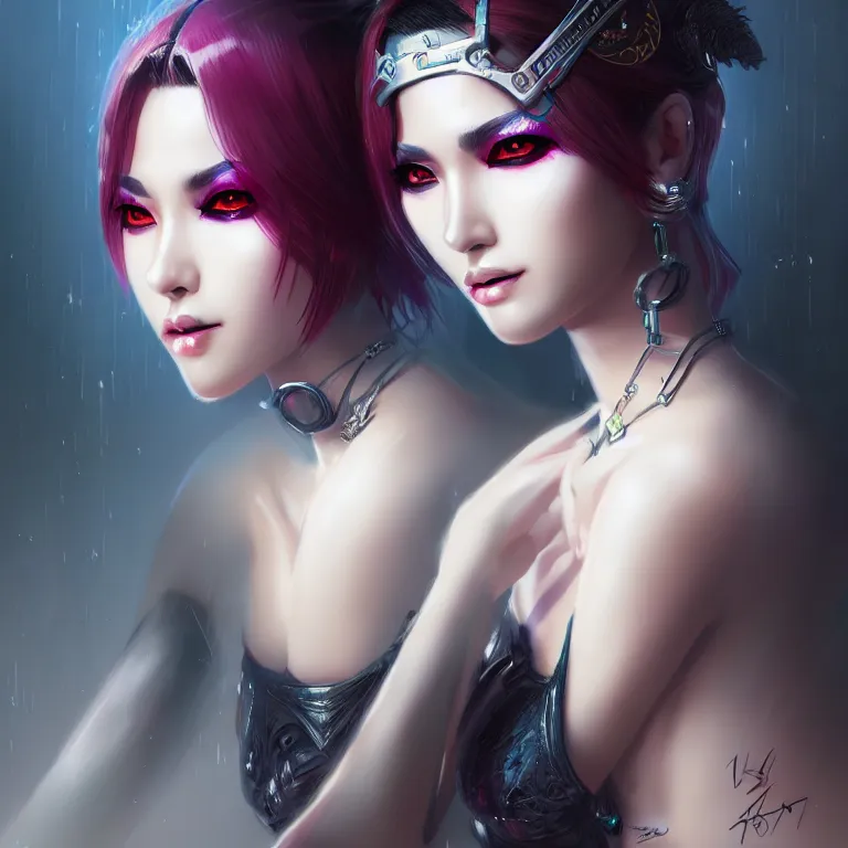 Image similar to oriental fantasy fashion girl portrait, flirtatious eyes, grin, cyberpunk, glossy eyes, face, short hair, fantasy, intricate, androgynous, highly detailed, digital painting, artstation, concept art, smooth, sharp focus, illustration