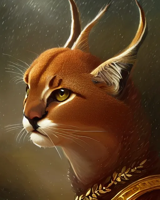 Image similar to a laurel wreath on top of a head of fluffy caracal, photography of kurzgesagt, no people, deep focus, d & d, intricate, elegant, highly detailed, digital painting, artstation, concept art, matte, sharp focus, illustration, hearthstone, art by artgerm and greg rutkowski and alphonse mucha