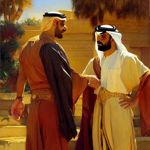 Image similar to attractive arab king confesses his love for his attractive male prince. highly detailed painting by gaston bussiere, craig mullins, j. c. leyendecker