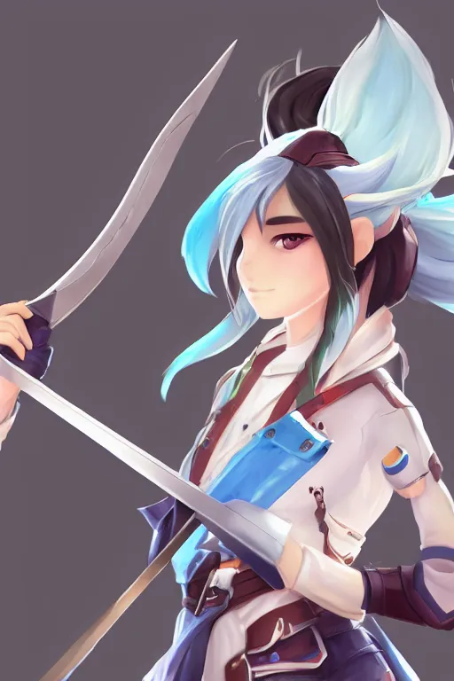 Image similar to a south korean female from paladins, white ponytail hair, she is holding a kunai, wearing light blue jacket, highly detailed digital art, character design, masterpiece