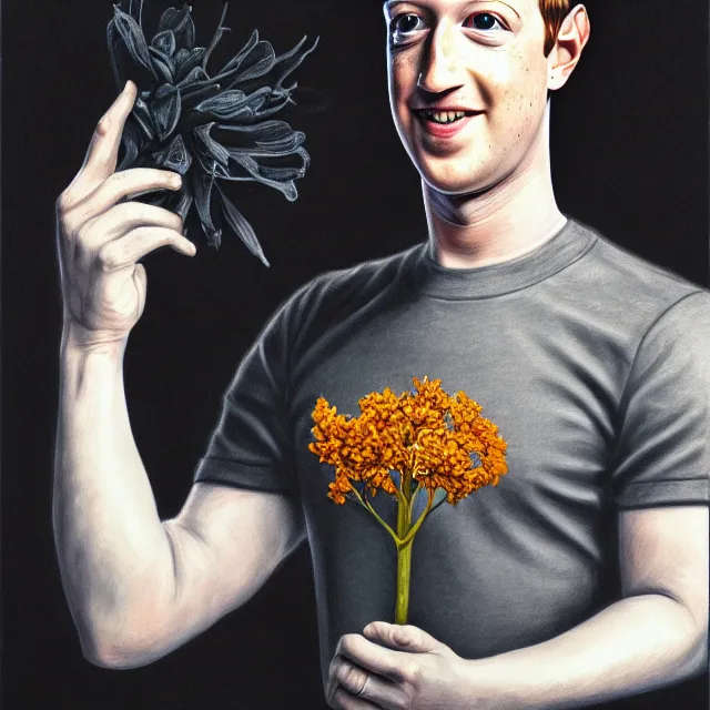 Prompt: mark zuckerberg holding a flower by hr giger, trending on artstation, realistic, detailed, concept art, horror, illustration