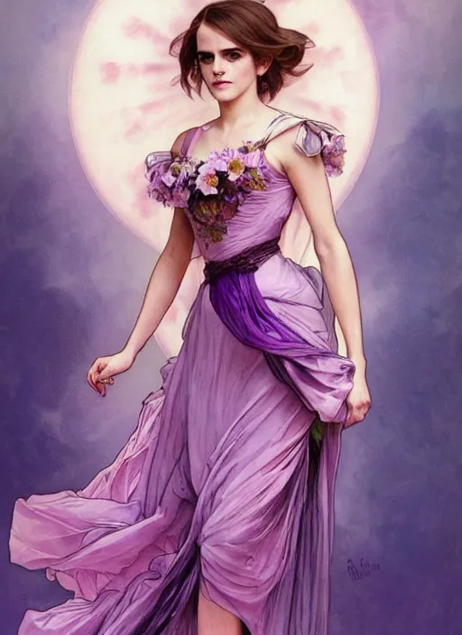 Image similar to emma watson wearing revealing pink and purple chiffon dress with flounces. beautiful detailed face. by artgerm and greg rutkowski and alphonse mucha