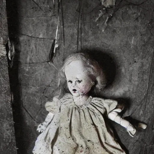 Image similar to creepy dirty cracked vintage doll in darkly lit dusty basement cobwebs photo by william mortensen