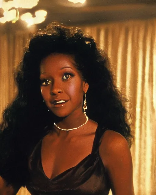 Prompt: the image is a lost hollywood film still 1 9 8 0 s photograph of a black woman with dark brown skin, long, swirling black hair, and jade colored eyes, dancing in a ballroom in a ballgown. vibrant cinematography, anamorphic lenses, crisp, detailed image in 4 k resolution.