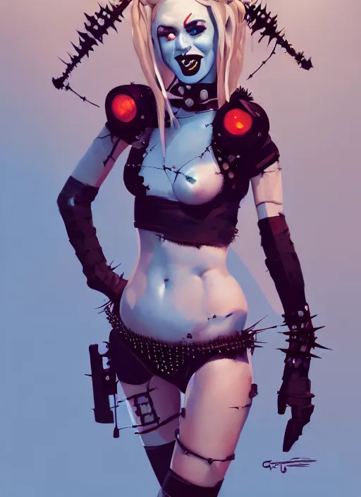 Image similar to portrait of cute goth harley quinn girl with crown of thorns in cyber bikini armor, warhammer, cyberpunk, by atey ghailan, by greg rutkowski, by greg tocchini, by james gilleard, by joe gb fenton, by kaethe butcher, dynamic lighting, gradient light blue, brown, blonde cream and white color in scheme, grunge aesthetic
