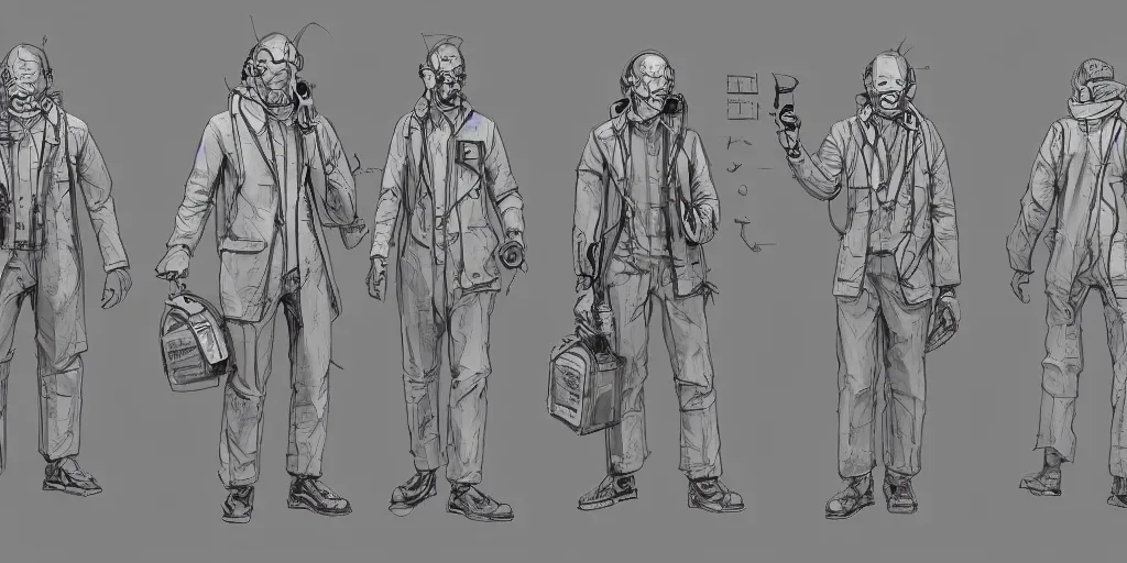 Prompt: doctor emmet brown, character sheet, concept design, contrast, hot toys, kim jung gi, greg rutkowski, zabrocki, karlkka, jayison devadas, trending on artstation, 8 k, ultra wide angle, pincushion lens effect