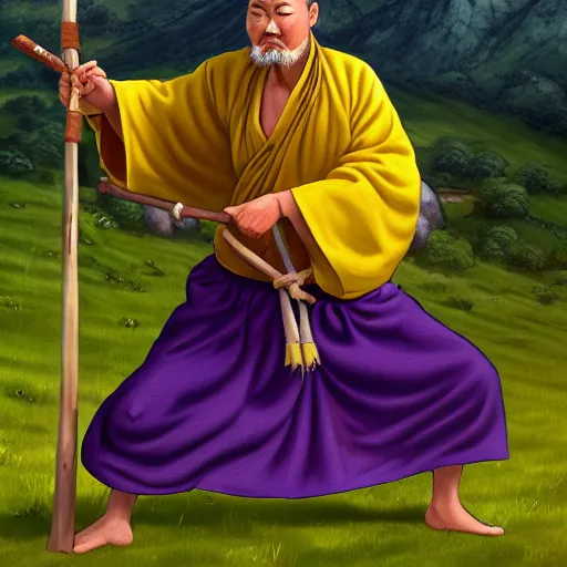 Prompt: a chinese battle monk, wearing a faded dark yellow toga, straw hat, holding a long wooden staff with a purple ball attached to the top end of it and is perpendicular to the floor, long white beard, beautiful valley with a meadow and dozens of mountains, lots of shading, full body shot, drawn in the style of ken kelly - n 4