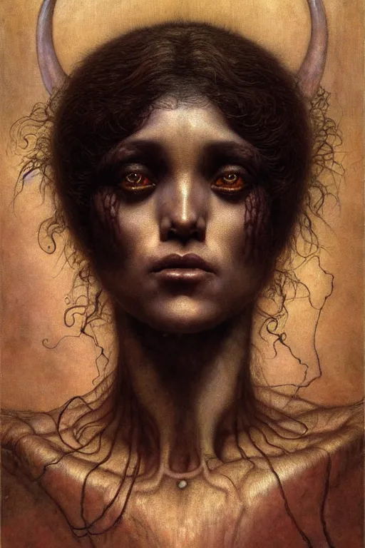 Image similar to a portrait of oya by wayne barlowe, gustav moreau, goward,  Gaston Bussiere and roberto ferri, santiago caruso, and austin osman spare, ((((occult art))))