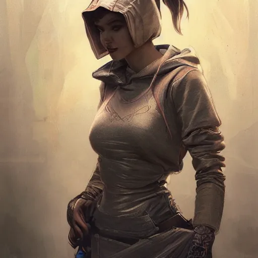 Prompt: character portrait of a 1950s girl in a hoodie, dystopian cyberpunk steampunk mood, intricate, wild, highly detailed, digital painting, artstation, upper body, concept art, smooth, sharp focus, illustration, art by artgerm and greg rutkowski and alphonse mucha
