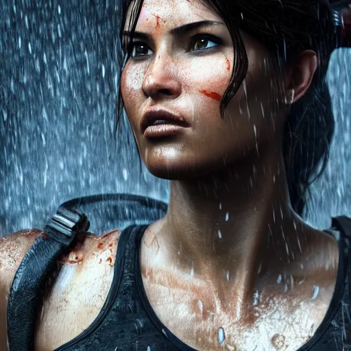 Image similar to lara croft as samurai, wet face, heavy rain, dramatic, intricate, highly detailed, concept art, smooth, sharp focus, illustration, unreal engine 5, 8 k