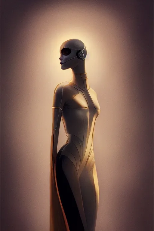 Image similar to futuristic clothing design, android mannequin character portrait, in the style of moebius, wlop, tom bagshaw, and waterhouse, cinematic lighting, beautiful, elegant, oil painting