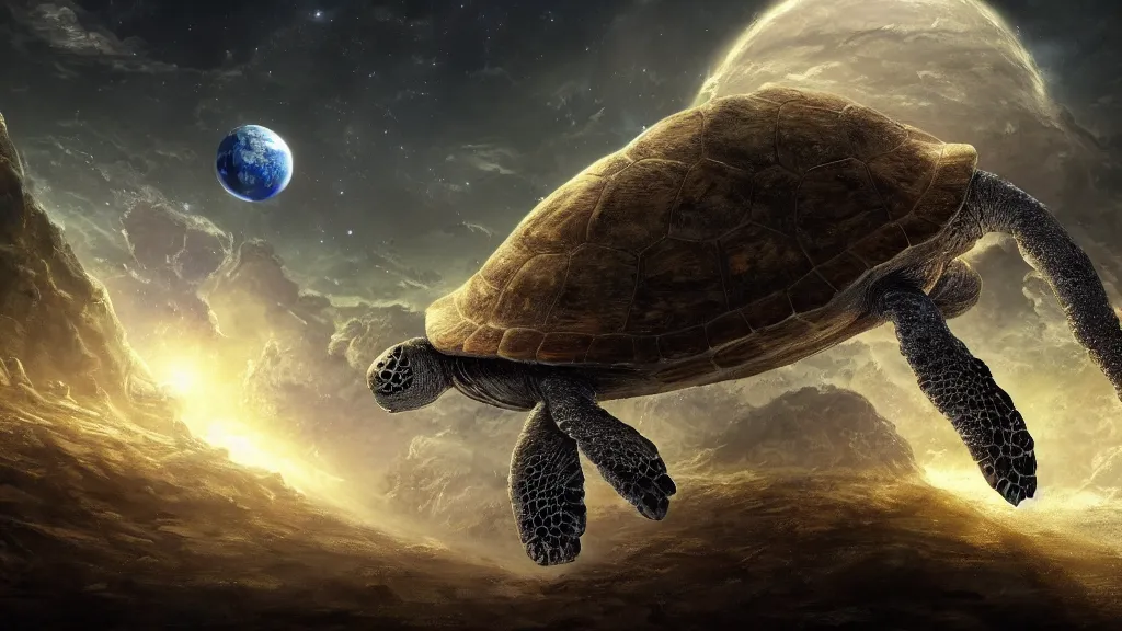 Prompt: the world turtle carrying earth on his back as it floats through space, shell made up of earth, fantasy artwork, very very very beautiful scenery, hd, hdr, ue5, ue6, unreal engine 5, cinematic 4k wallpaper, 8k, ultra detailed, high resolution, artstation, award winning