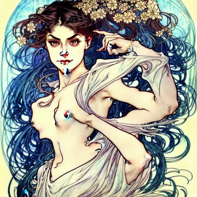 Image similar to in the style of artgerm, arthur rackham, alphonse mucha, phoebe tonkin, symmetrical eyes, symmetrical face, flowing blue skirt, hair blowing, intricate filagree, hidden hands, warm colors, cool offset colors