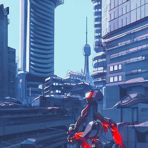 Image similar to “arasaka tower grounds being patrolled by mechs. Dystopian Anime background art in the style of Akira. HD hyperrealistic 8K photomode.”