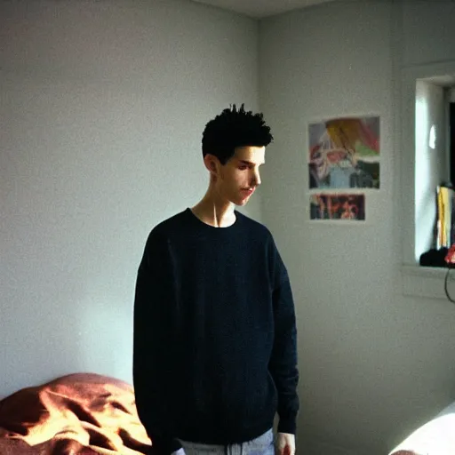 Prompt: kodak portra 4 0 0 photograph of a skinny guy wearing big black sweater standing in cluttered 9 0 s bedroom, back view!, moody lighting, telephoto, 9 0 s vibe, blurry background, vaporwave colors!, faded!,