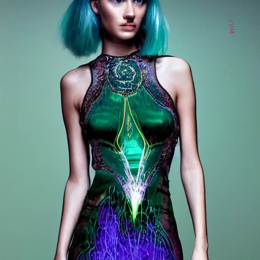 Image similar to fantasy. fashion 2 0 5 0 silk weightless translucent dress in the form of an openwork and luminous lotus. a full - length model. beautiful slender symmetrical girl with green hair. hyperrealistic photo